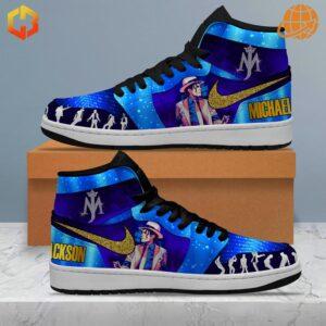 Side view of Michael Jackson Air Jordan 1 Shoes showcasing Smooth Criminal design, golden swoosh, and vivid blue details.