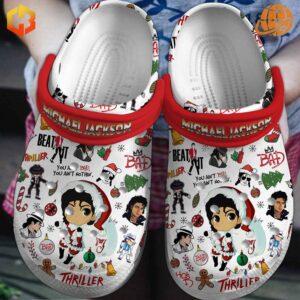 Michael Jackson Christmas Crocs Crocband Shoes with festive design and red strap