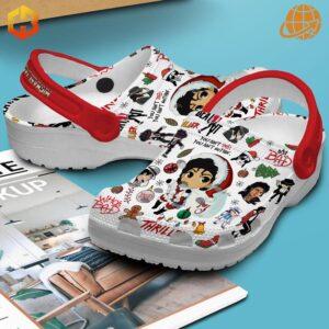 Side view of Michael Jackson Christmas Crocs Crocband Shoes showing detailed design and red strap