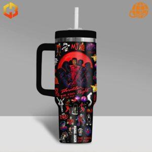 Close-up of Michael Jackson King of Pop Stanley Tumbler featuring collage design