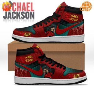 Michael Jackson Thriller Air Jordan 1 Shoes with red and black design, featuring detailed Michael Jackson graphics and "Thriller" text.