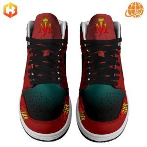 Side-angle view of Michael Jackson Thriller Air Jordan 1 Shoes on a shoebox, showcasing the vibrant design and tribute details.