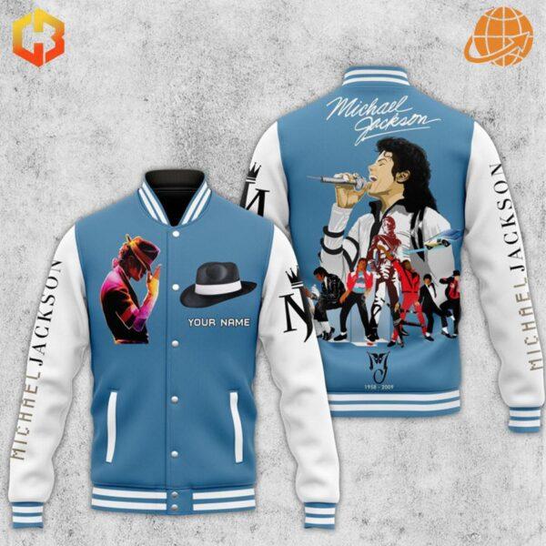 Full display of Michael Jackson custom Baseball Jacket on gray background