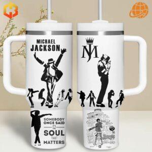 Michael Jackson White Tumbler 40oz with crown logo and song lyrics collage