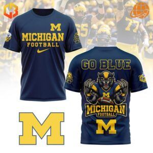 Michigan Football Go Blue Shirt in navy blue, front and back view.