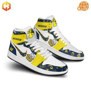 Michigan Wolverines Air Jordan 1 Shoes in box, featuring team branding and embroidered mascot on heel counter.