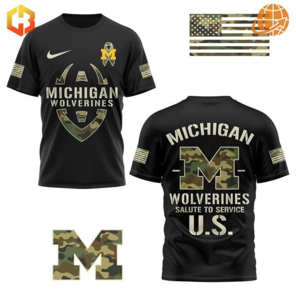 Black Michigan Wolverines Salute To Service US Shirt with camouflage logo and American flag patches.