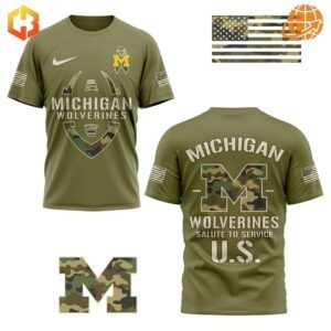 Olive green Michigan Wolverines Salute To Service US Shirt with camouflage logo and American flag patches.