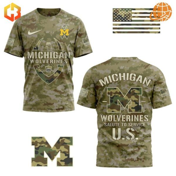 Digital camouflage Michigan Wolverines Salute To Service US Shirt with integrated logo and American flag patches.