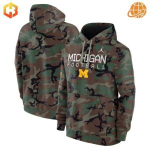 Front and back view of Michigan Wolverines Football Camo Hoodie with bold team graphics and American flag patch.