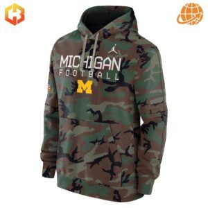 Front view of Michigan Wolverines Football Camo Hoodie featuring bold team graphics.