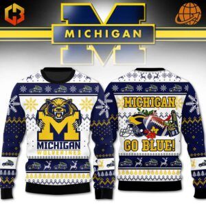 Two Michigan Wolverines Christmas sweater designs with team logos and holiday patterns