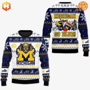 Detailed view of Michigan Wolverines Christmas sweaters with mascot and football motifs