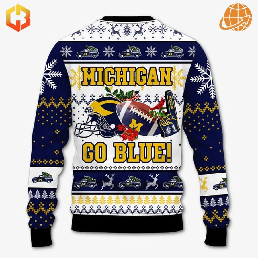 Rear view of Michigan Wolverines Christmas sweater with "Go Blue!" slogan