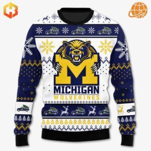 Front of Michigan Wolverines Christmas sweater featuring Wolverines mascot logo