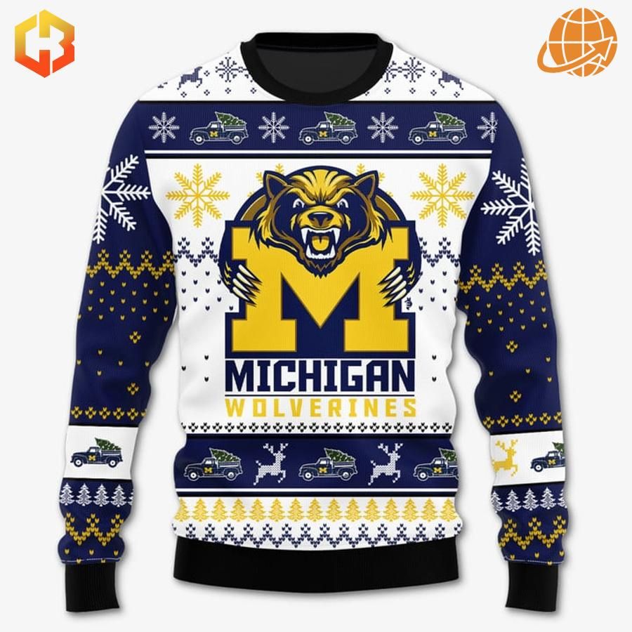 Front of Michigan Wolverines Christmas sweater featuring Wolverines mascot logo