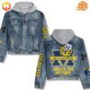 Michigan Wolverines Football Hooded Denim Jacket with gray hood and "M" logo on the front.