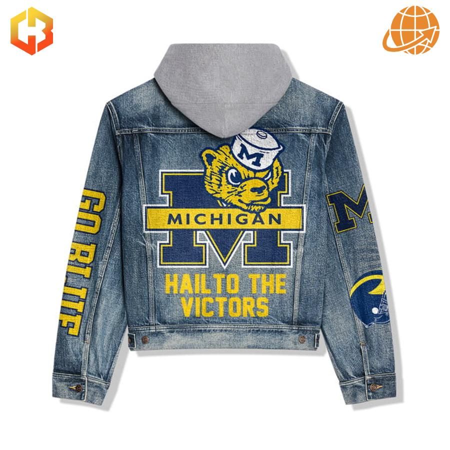 Back view of the Michigan Wolverines Football Hooded Denim Jacket featuring mascot graphic and "HAIL TO THE VICTORS."