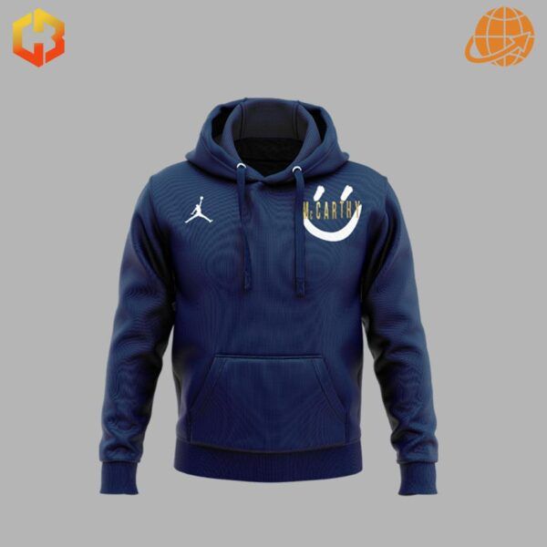 Navy blue Michigan Wolverines McCarthy hoodie front and back views with smiley face logo.