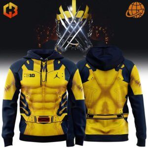 Front and back view of Michigan Wolverine Hoodie with yellow superhero-style design on navy background.