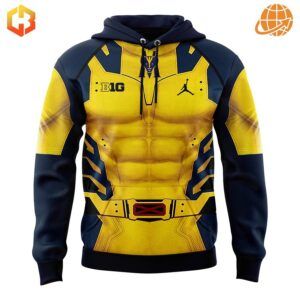 Detailed front view of Michigan football hoodie with yellow superhero costume design.