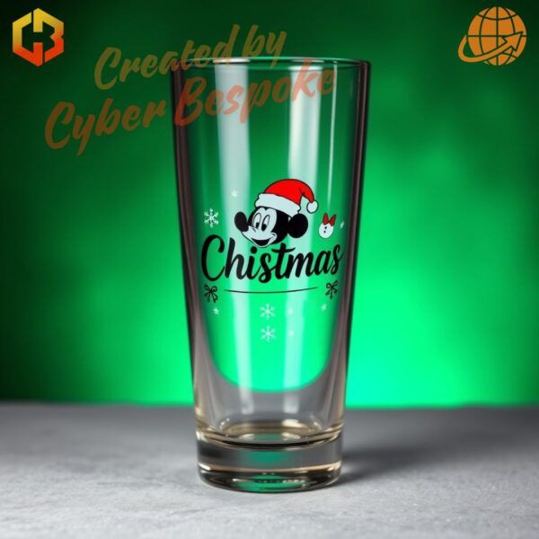 A custom beer glass featuring Mickey Mouse wearing a Santa hat, surrounded by festive decorations and 'Christmas 2024' text.