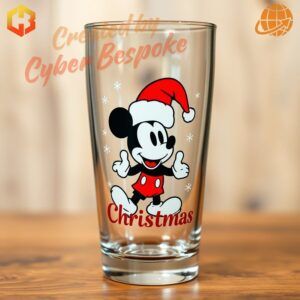 A Christmas-themed beer glass featuring Mickey Mouse wearing a Santa hat, with festive holiday decorations.