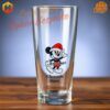 A custom beer glass featuring Mickey Mouse wearing a Santa hat, surrounded by festive holiday decorations and 'Christmas' text