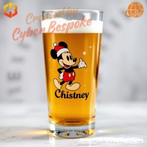 A custom beer glass featuring Mickey Mouse in a Santa hat, surrounded by Disney-themed festive decorations and 'Christmas Disney 2024' text