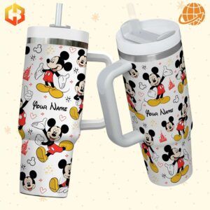 Two Mickey Mouse Disney Custom Stanley Tumblers with different lid types, showcasing product variety.