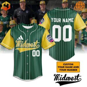 Green and yellow Midwest Michigan Wolverines customizable baseball jersey with pinstripes