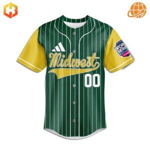 Front view of green and yellow Midwest Michigan Wolverines baseball jersey