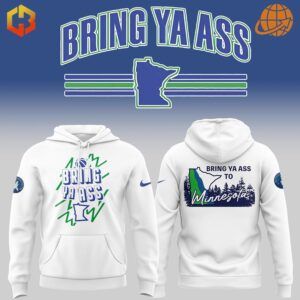 Minnesota Timberwolves Bring Ya Ass Hoodie in white and black, displaying front and back designs with state outline and forest scenery.