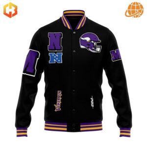 Front view of the Minnesota Vikings Baseball Jacket with team logo and initials.