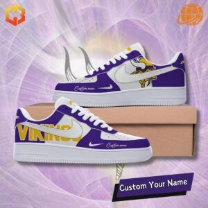 Minnesota Vikings Nike Air Force 1 sneakers with purple and gold color accents