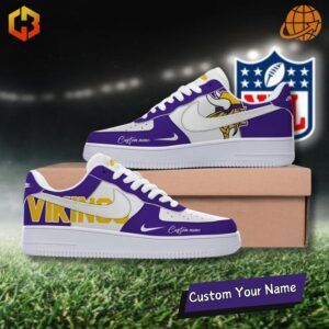 Stylish Minnesota Vikings-themed Nike Air Force 1 sneakers featuring bold team colors