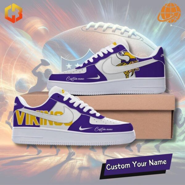 Side view of Minnesota Vikings Nike Air Force 1 sneakers showcasing the team's iconic purple and gold design