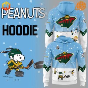 Front and back view of the Minnesota Wild Peanuts Snoopy Night Hoodie with Snoopy playing hockey and Peanuts characters.