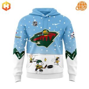 Close-up of the front design of the Minnesota Wild Peanuts Snoopy Night Hoodie featuring Snoopy and Peanuts characters.