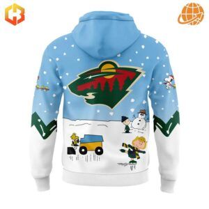 Close-up of the back design of the Minnesota Wild Peanuts Snoopy Night Hoodie with Peanuts characters and Minnesota Wild logo.