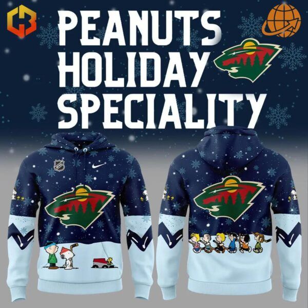 Front and back view of the Minnesota Wild Peanuts Holiday Speciality Hoodie with Charlie Brown, Snoopy, and Peanuts characters.