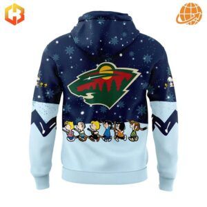 Close-up of the back design of the Minnesota Wild Peanuts Holiday Speciality Hoodie with Peanuts characters and Minnesota Wild logo.