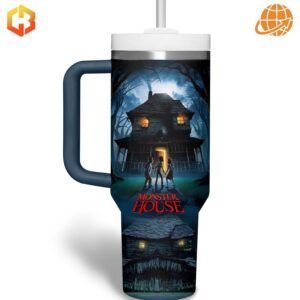 Detailed view of Monster House Stanley Tumbler featuring spooky haunted house artwork from the animated film.