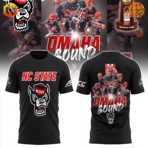 Front design of the NC State Wolfpack Omaha Bound Shirt with “NC State” text, mascot logo, and College World Series patch on a black background.