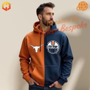 Blue zip hoodie featuring NCAA and NHL team logos with 3D printing and adjustable hood