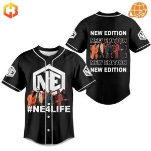 Front and back views of NE4LIFE New Edition Baseball Jersey with logos and group images on black fabric.