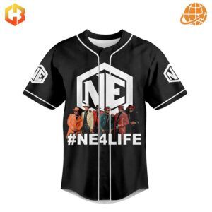 Detailed front view of NE4LIFE New Edition Baseball Jersey featuring logo and group image.