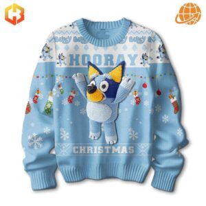 Bluey Hooray Christmas Sweater front view with 3D Bluey design, snowflakes, and holiday decorations.