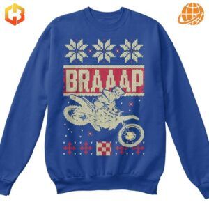 A festive motocross-themed Christmas sweatshirt with a dirt bike graphic and holiday design elements.