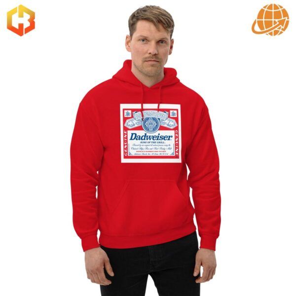 Red Budweiser 'King of the Grill Dadweiser' hoodie with bold white logo, perfect for BBQ and beer-loving dads